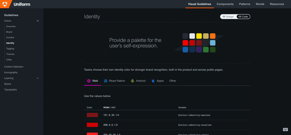 Screenshot of Hudl Uniform design system token page